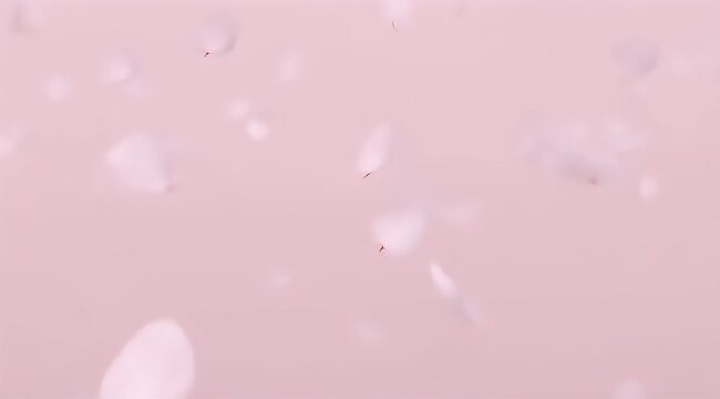 Scattered soft white petals float on a pastel pink background, creating a serene, dreamy mood