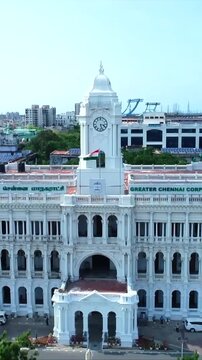 Vertical Aerial Drone Shot of Chennai Corporation Ripon Building During COVID-19 Lockdown India