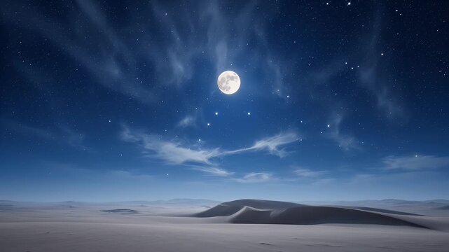 Full moon, stars, and wispy clouds illuminate a vast, muted desert landscape at night