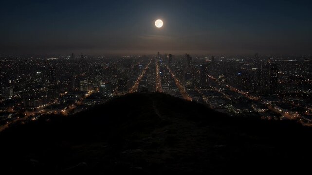 Moonlit night city panorama from dark hill, sprawling grid of lights, glowing atmosphere
