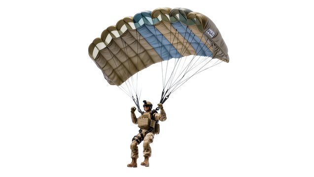 Isolated brave military soldier paratrooper descending with tactical gear and open parachute.