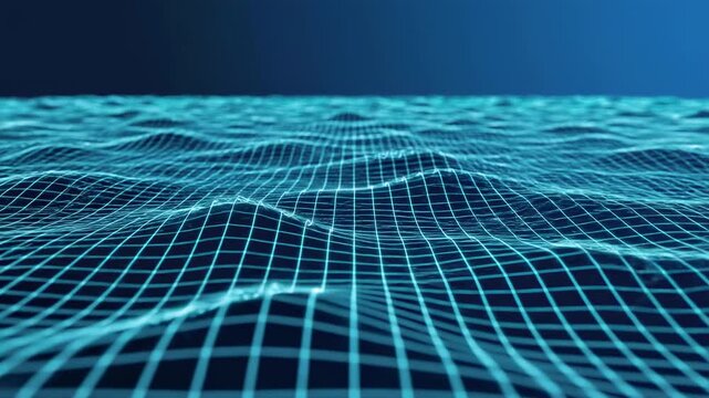 Digital representation of a blue grid wave pattern flowing smoothly across a surface, showcasing a continuous wave motion in a visually engaging manner