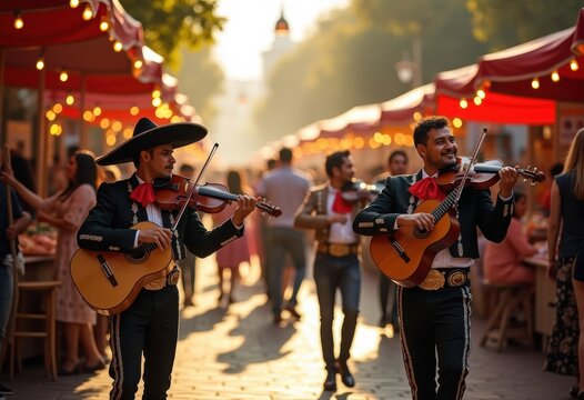 Burgeoning Street Scene Celebrating Cultural Heritage with Mariachi Bands and Traditional Food Stalls