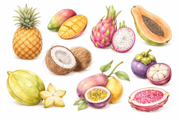 Tropical fruits illustration isolated on white background. Exotic fruit set in watercolor style, healthy food concept, clipart for design.