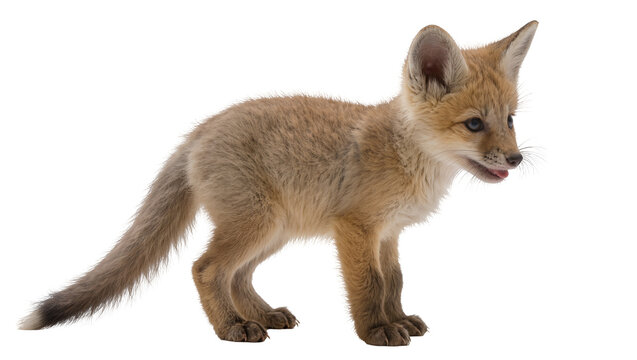 Isolated red fox cub standing, a cute young wild animal with reddish fur and a bushy tail