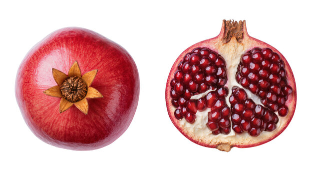 Isolated whole and a half cut fresh ripe pomegranate fruit showing juicy red arils
