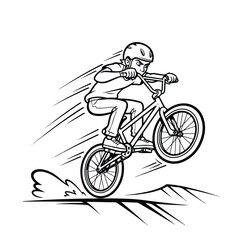 Naklejka premium A skilled bmx rider performs a daring stunt on a bicycle with motion lines, conveying a sense of speed and thrill against a clean white background
