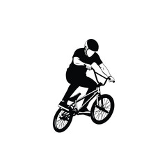 Naklejka premium A black silhouette of a bmx rider performing a trick on a bike against a clean white background