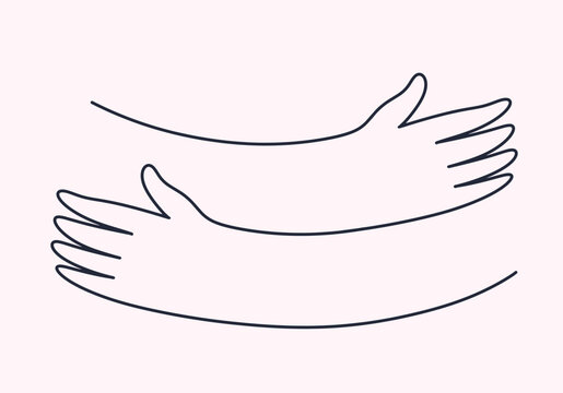 Simple hugging arms outline logo. Black and white hand drawn line art of warm embrace symbol. Cute minimal cartoon style vector of caring hug, friendship, love and support concept. Clean graphic icon.