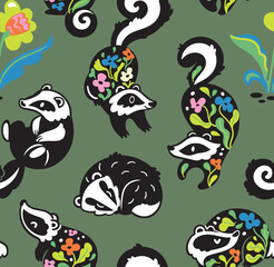 Playful seamless pattern with floral badgers in a folk style on dark green