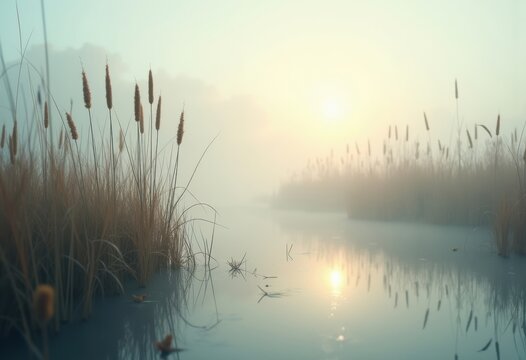 Ethereal Cattails Swaying in Misty Marshlands Beneath Hazy Fog and Whispering Breezes