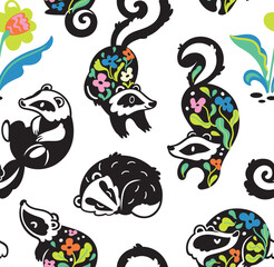Playful seamless pattern with floral badgers in a folk style