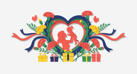 Obraz premium Happy Mother's Day Illustration in Paper Cut Style Featuring a Mother Holding a Child Inside a Heart with Carnations, Ribbons, and Gift Boxes on a White Background