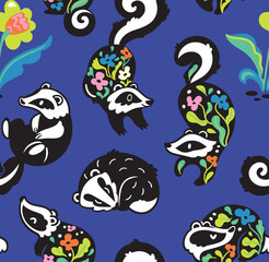 Playful seamless pattern with floral badgers in a folk style on purple