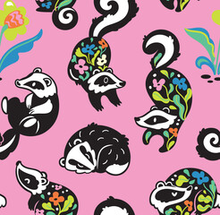 Playful seamless pattern with floral badgers in a folk style on pink