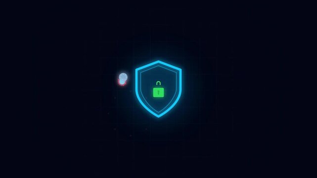 Digital security shield with glowing blue neon outline and green padlock icon, representing data protection and cyber safety on a dark background