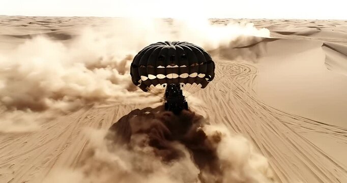 Military Parachutist Landing on Desert Sand in Dramatic Dust Cloud