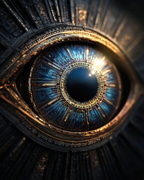 Gros plan d'un &oelig;il m&eacute;canique mystique aux d&eacute;tails dor&eacute;s complexes et iris bleu lumineux, &eacute;voquant une technologie futuriste ou un artefact magique.