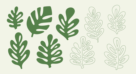 Fototapeta premium Abstract Green Leaf Illustrations and Outlines Set on a Light Background.