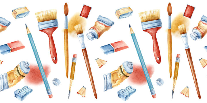 Hand Painted Watercolor Art Tools Border Pattern for Creative Workshops and Schools