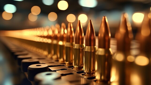 Close-Up of Ammunition Production at Factory with Copper-Tipped Cartridges and Brass Finish