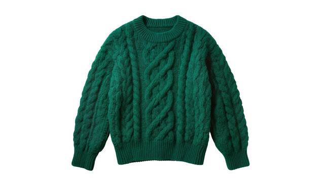 Isolated classic dark green cable knit sweater, cozy knitted winter pullover fashion.