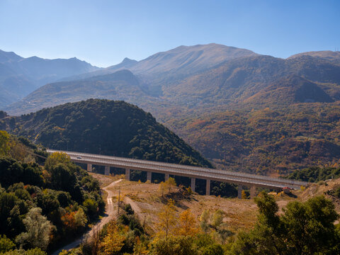 Modern motorway in Greece Egnatia Odos E90 in the Metsovo area in the Epirus mountains in Greece