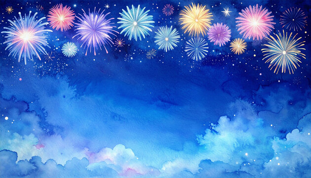水彩風の打ち上げ花火と夜空の背景素材 文字入れ用の広い余白がある夏休み素材
