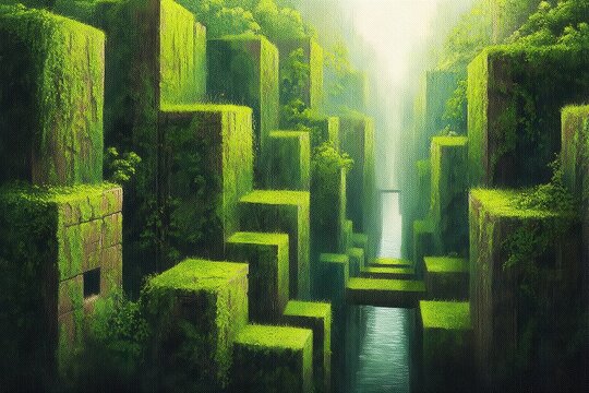 Paysage surr&eacute;aliste avec des structures cubiques g&eacute;om&eacute;triques recouvertes de mousse verte luxuriante bordant une rivi&egrave;re brumeuse dans un canyon.