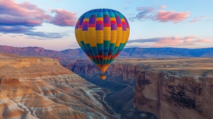 Obraz premium A colorful hot air balloon rises, revealing breathtaking views over the vast canyon landscape.