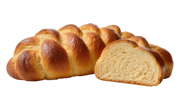Isolated freshly baked golden braided bread loaf with a slice cut, showcasing soft textured crumb