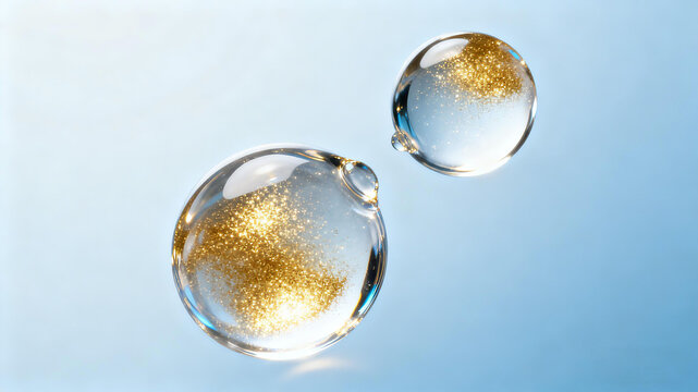 The gilded rejuvenating essence microcapsules in the blues background represent the luxurious skin care for anti-aging, skin bottom rejuvenation and skin brightening.
