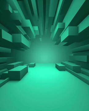 Fond d'&eacute;cran abstrait en trois dimensions avec des blocs g&eacute;om&eacute;triques turquoise formant un tunnel futuriste et profond pour des projets technologiques.