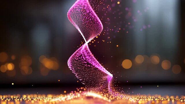 Luminous particles swirl in a graceful, twisting motion. Soft glow illuminates the swirling form from within. Particles dance as if alive, responding to unseen currents