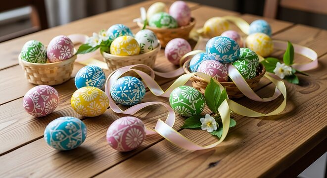 Decorated easter eggs in baskets with ribbons on wooden table