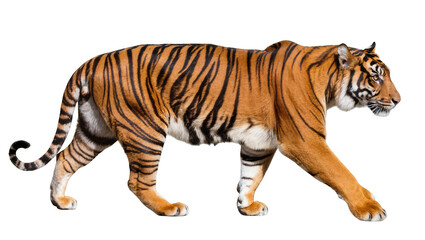 Obraz premium Isolated majestic tiger walking, powerful big cat with striped fur, wildlife predator