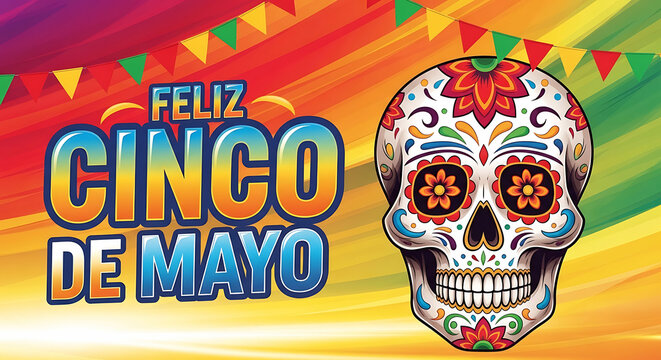 Colorful cinco de mayo celebration with sugar skull and banner