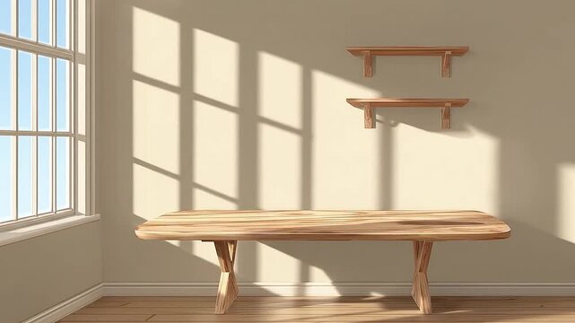 Wooden table and shelves in a sunlit room with window shadows