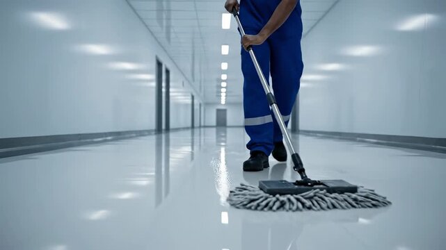 Professional cleaner mopping hospital hallway floor for infection control hygiene and cleanliness maintaining health and sanitation standards in healthcare setting