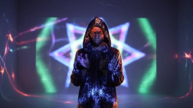 Man wearing glowing hooded cloak with hands raised in front of neon lights