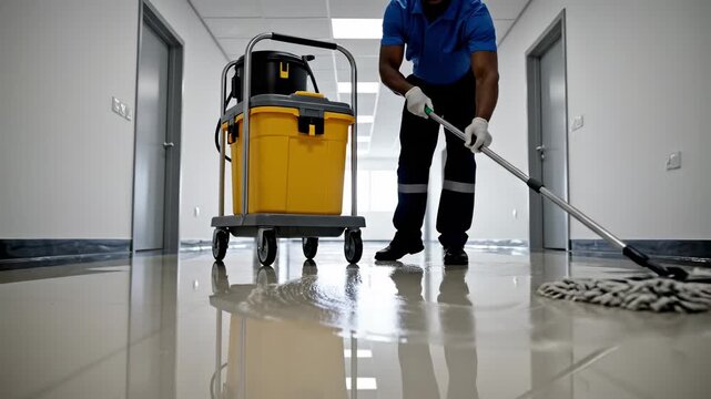 Professional cleaner mopping shiny floor in modern office building with cleaning cart promoting hygiene and maintenance