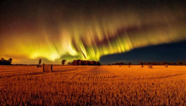 Aurora Borealis over a golden field - A mesmerizing night spectacle.
