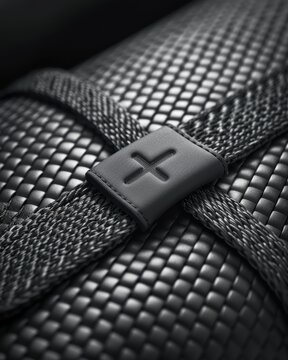 Gros plan d'un tapis de yoga noir enroul&eacute; avec une sangle de transport robuste affichant un logo en forme de croix pour le fitness et le bien-&ecirc;tre.