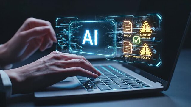 Professional managing AI policy and ethics on laptop. Concept of artificial intelligence governance, regulatory compliance, risk management, and responsible AI development for legal adherence.