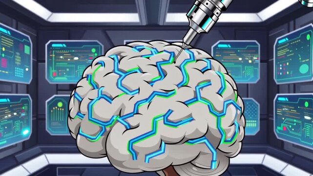 Robot arm implants microchip into brain in futuristic lab