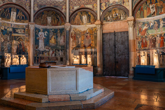 Interior view of the magnificent octagonal dome of the Parma Baptistery featuring medieval frescoes and religious iconography in Parma, Italy 06.01.2026