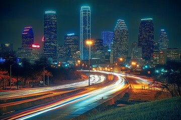 Obraz premium Vibrant Cityscape at Night with Colorful Light Trails, Capturing the Energy of Urban Life