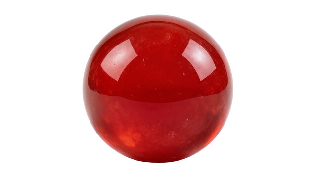 Isolated bright red polished mineral orb featuring glossy surface and light highlights.
