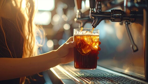 Refreshing Cola Pour - Bartender Serving Iced Drink at Bar.
