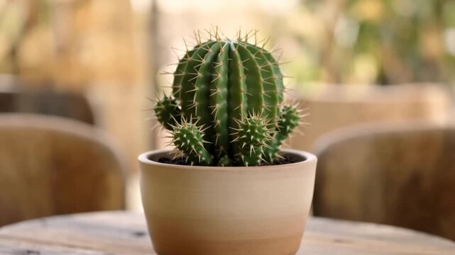 Cactus in a beige ceramic pot.